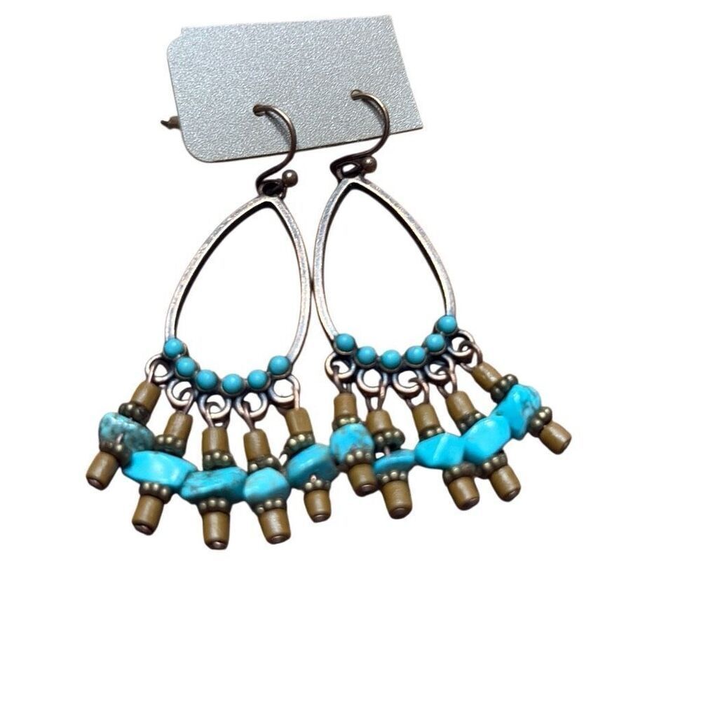 Silver Tone Turquoise Dangle Beaded Hoop Earrings Tribal Western‎ Festival Rodeo